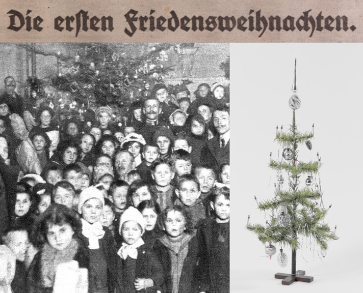 Waisenkinder © Wiener Bilder, 29.12.1918, S. 9. ANNO/Österreichische Nationalbibliothek. / Weihnachtsbaum aus Gänsefedern © Landessammlungen Niederösterreich, Foto: Rocco Leuzzi.